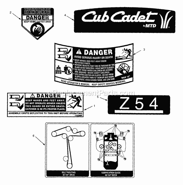Graphics Diagram and Parts List for Z54 53AC385K100 Cub Cadet Lawn Mower